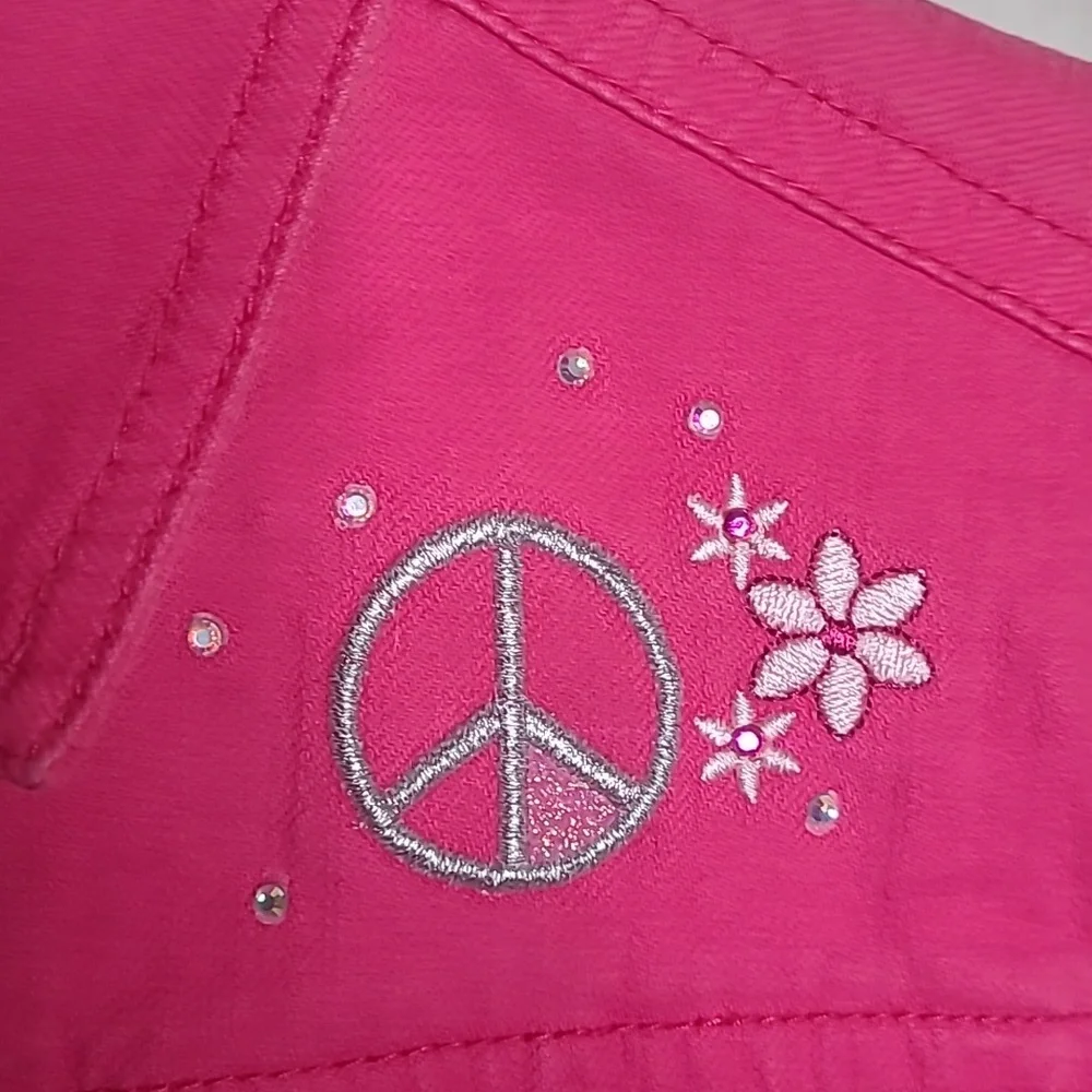 Justice Girls 14 hot pink denim jean jacket sparkly fun embroidered Love